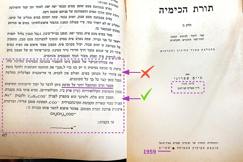 ספר לימוד כימיה בעברית משנת 1959, שאפרים קציר היה העורך המדעי שלו, ובו גם הסבר שגוי על אופן פעולתם של סבונים | צילום: ד"ר אבי סאייג