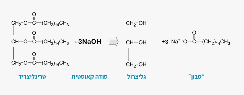כשמחממים טריגליצרידים בנוכחות בסיס חזק, כמו סודה קאוסטית, מקבלים גליצרול ומולקולות של סבון: מלח שמורכב מחומצת שומן קשורה ליון כמו נתרן. הכימיה של ייצור סבון | איור: ד"ר אבי סאייג