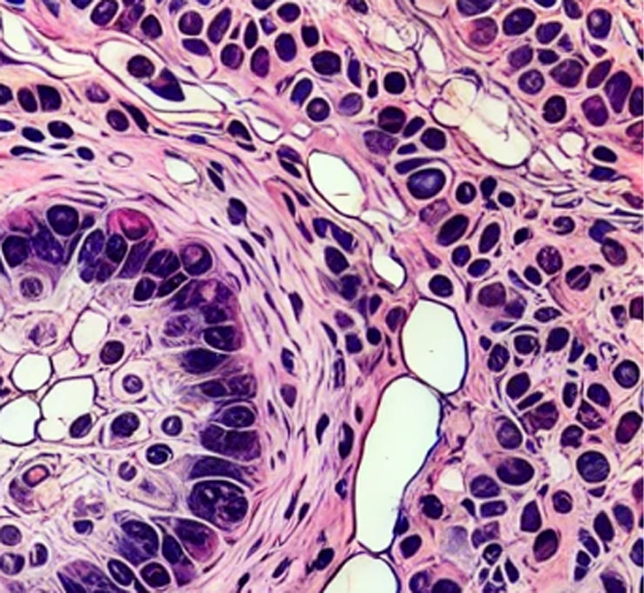 בתמונה מופיע לכאורה דגימה היסטולוגית שמתארת מבנה של רקמה. הגוונים והמרקמים השונים בתמונות כאלה מציגים סוגי תאים שונים. למעשה התמונה יוצרה באמצעות מחולל תמונות מבוסס בינה מלאכותית | התמונה באדיבות Proofig AI