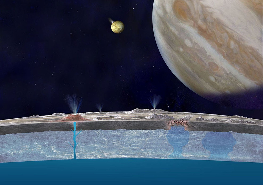 שכבת קרח בעובי של 30-20 קילומטר, שמתחתיה מסתתר אוקיינוס של מים נוזלים, ואולי יש בו חיים | איור: NASA