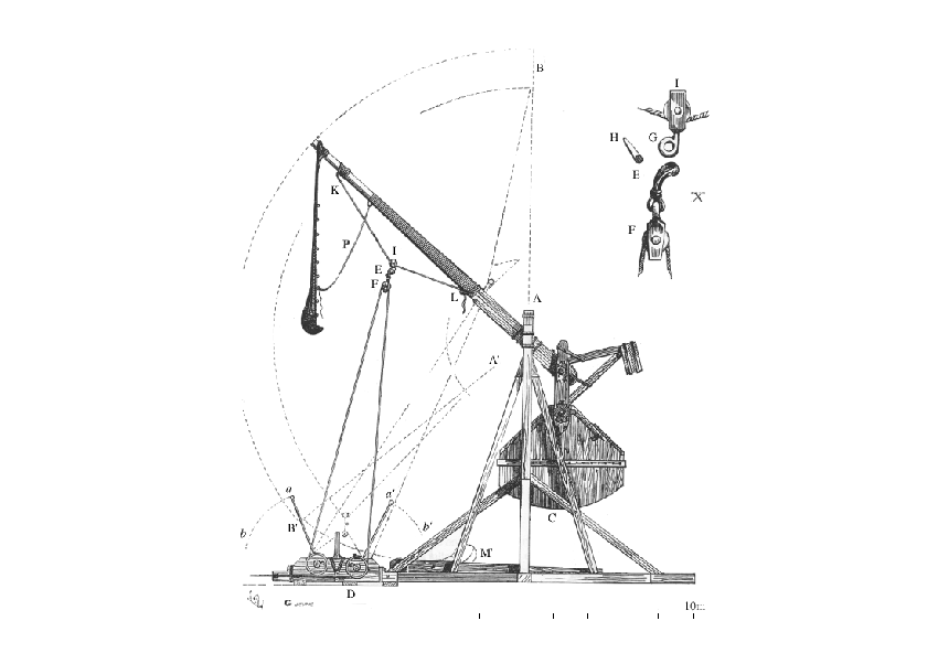 כלי מכני מתוחכם ויעיל שאיפשר ליידות עצמים אל מעבר לחומות האויב הנצור. טרבושה משיכה | תרשים: נחלת הכלל, מוויקיפדיה