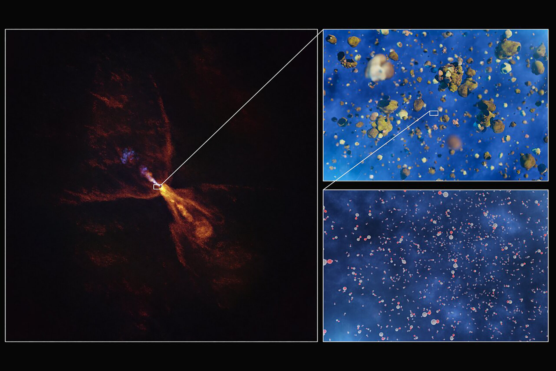 צילומים של סילוני גז סיליקון חד-חמצני סביב הכוכב הצעיר HOPS-315, שהופקו בעזרת מדידות של טלסקופ ALMA. מימין: הדמיה בעיני אמן של התגבשות הסיליקון לגושים מוצקים שמתפתחים לכוכבי הלכת | ESO/L. Calçada/ALMA(ESO/NAOJ/NRAO)/M. McClure et al