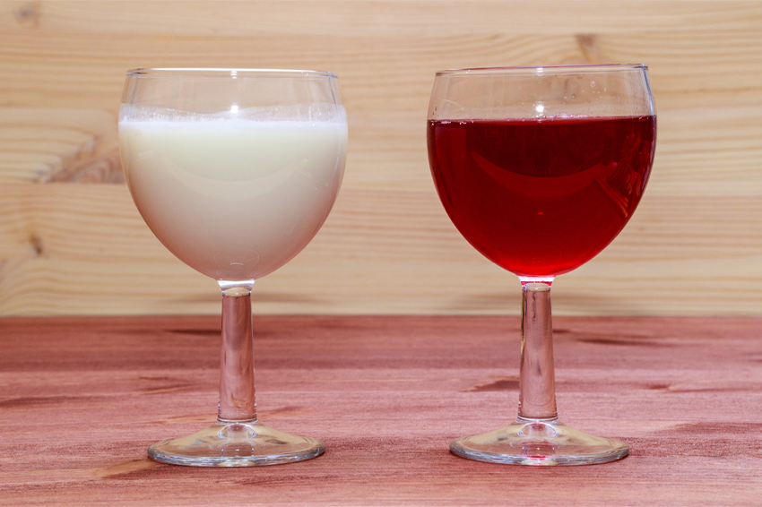 צריכת אלכוהול הייתה קשורה קשר חיובי חזק לסיכון לחלות בסרטן; צריכת מזון עתיר סידן, כמו חלב ומוצריו, התקשרה לירידה בתחלואה. כוס יין וכוס חלב | Shutterstock, Andrei Metelev