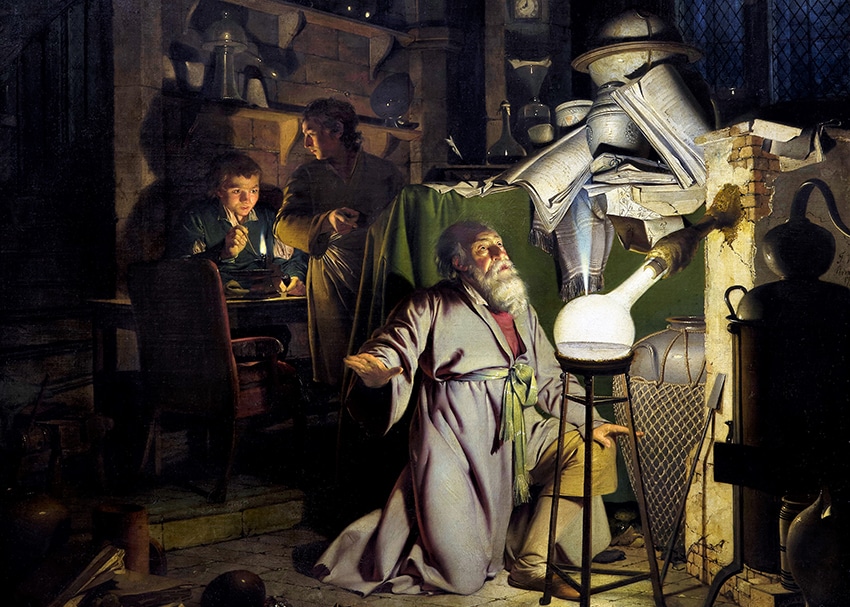 חלמו למצוא את אבן החכמים. אלכימאי מגלה זרחן | ציור: ג'וזף רייט, דרך ויקימדיה, נחלת הכלל