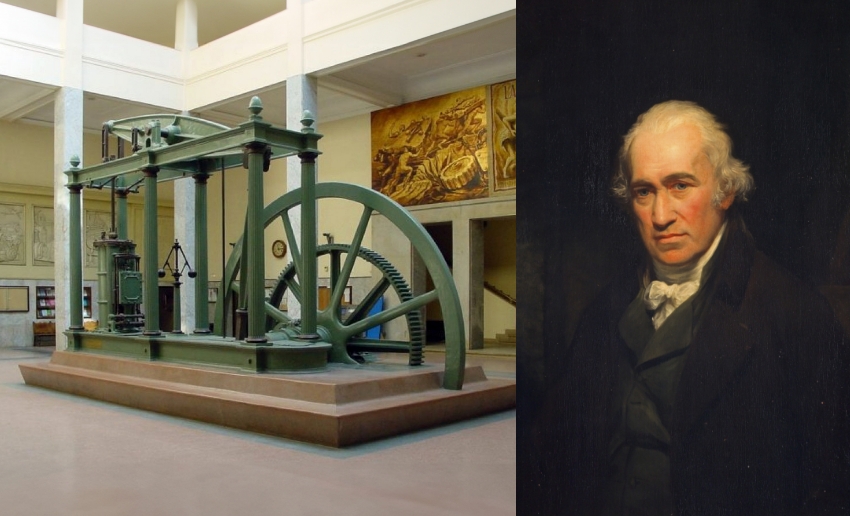 הכניס את השיפורים שהפכו את מנוע הקיטור למכונה יעילה. ג'יימס ואט בציור של האמן ג'ון פרטרידג', ודגם של מנוע קיטור שלו המוצג במכללה להנדסה במדריד | מקורות: Nicolás Pérez, Wikipedia, CC BY-SA 3.0, נחלת הכלל 