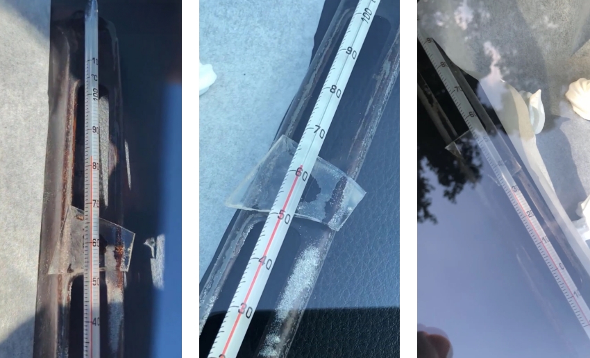 הטמפרטורה של המכונית שהייתה חשופה לשמש עלתה לאורך הניסוי והגיעה ל-83 מעלות כעבור ארבע שעות | צילומים: איתי נבו ואבי סאייג