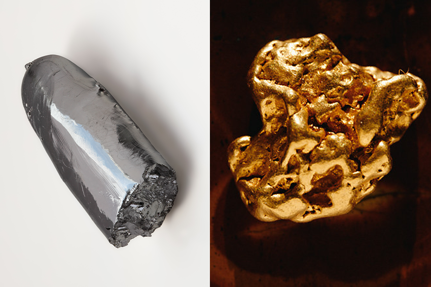יסודות כבדים, כמו זהב, פלטינה ורותניום, שעשויים להעיד כי המגמה אכן מגיעה מעומק רב. זהב (מימין) ורותניום | ויקימדיה, Alchemist-hp, Dirk Wiersma / Science Photo Library