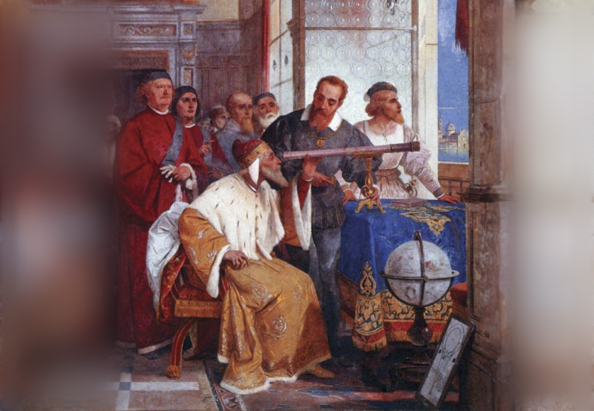 גליליאו גילה גם את הטבעות של שבתאי ואת הכתמים על פני השמש. ציור של Giuseppe Bertini, שמראה את גלילאו מציג את הטלסקופ בפני אצילי ונציה | ויקימדיה, David J Wilson