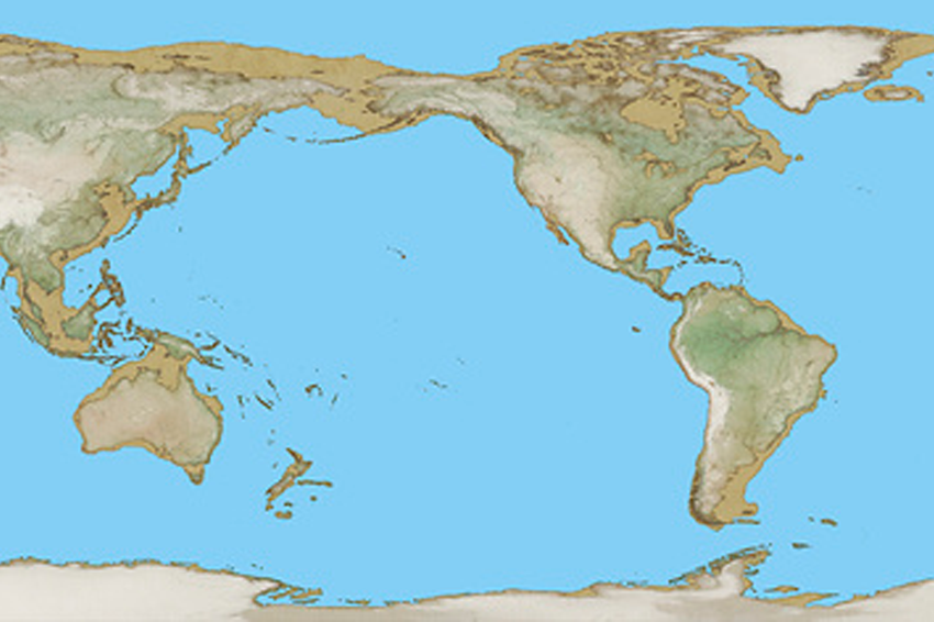 הגיעו בהליכה מזרחה. מפת העולם לפני כ-25 אלף שנים, ובה נראה הגשר היבשתי בין צפון אסיה לצפון אמריקה, שכיום הוא מצר ברינג | מקור: Mikkel Juul Jensen / Science Photo Library