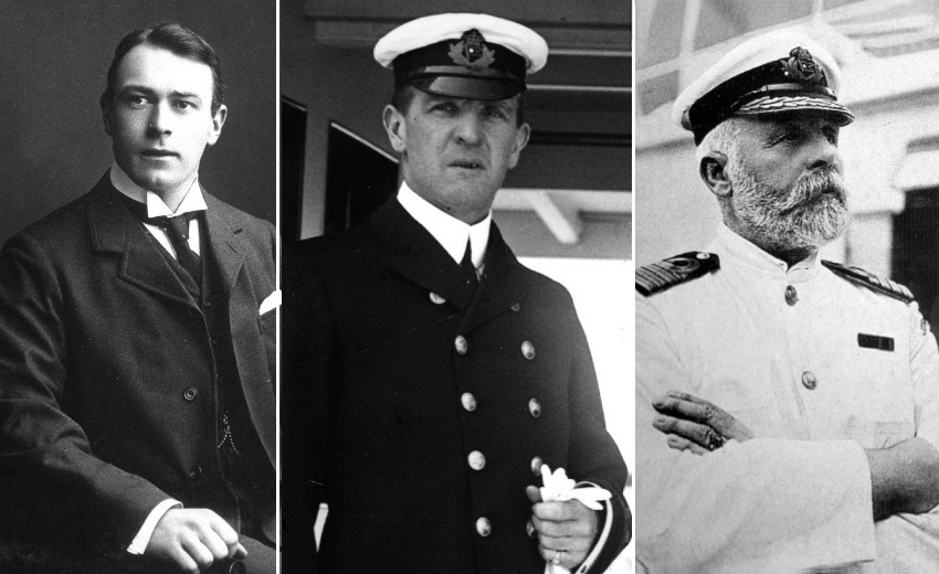 גורלה של הספינה נחרץ תוך דקות אחדות. רב החובל אדוארד סמית' (מימין), הקצין הראשון ויליאם מרדוק והמתכנן הראשי של האנייה תומס אנדרוז | ויקיפדיה, נחלת הכלל