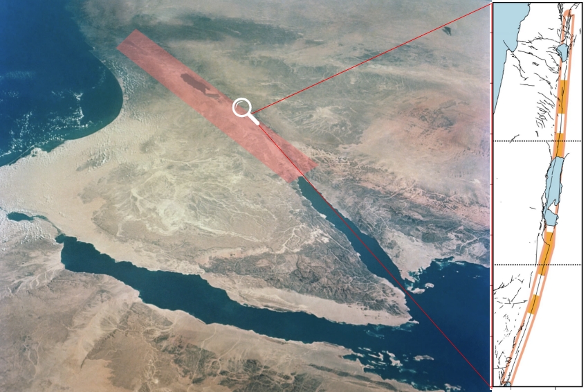 אזורים שזוהו בהם פערים סיסמיים צבועים בכתום. אזור העתק ים המלח | מקור: מימין - Engelberg et al. 2025; משמאל - NASA