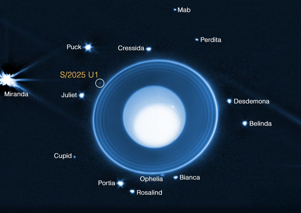 סלע בקוטר עשרה קילומטרים בלבד. מיקום הירח שהתגלה סביב אורנוס, סמוך לטבעות של כוכב הלכת, בצילום תת-אדום של טלסקופ החלל ג'יימס וב | מקור: NASA, ESA, CSA, STScI, M. El Moutamid (SwRI), M. Hedman (University of Idaho)