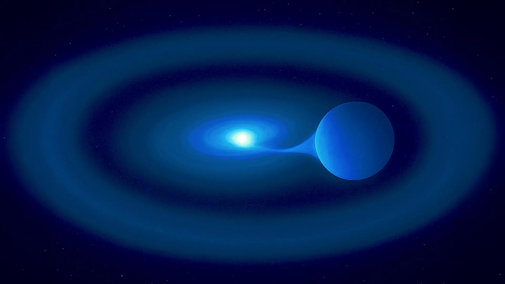 זה ייגמר בבום. איור של הננס הלבן, במרכז, סופח חומר מהכוכב שחג סביבו. סביב המערכת כולה נראית טבעת חומר שפולטת קרינת רנטגן | הדמיה: אוניברסיטת סאות'המפטון