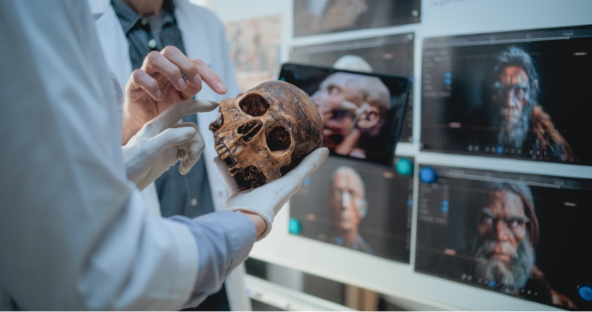 מחקר חדש גילה גן שמקורו דניסובי, והוא נפוץ באוכלוסיות אמריקאיות עם מוצא ילידי. מדענים בוחנים גולגולת מאובנת של אדם קדמון. צילום: Frame Stock Footage, Shutterstock