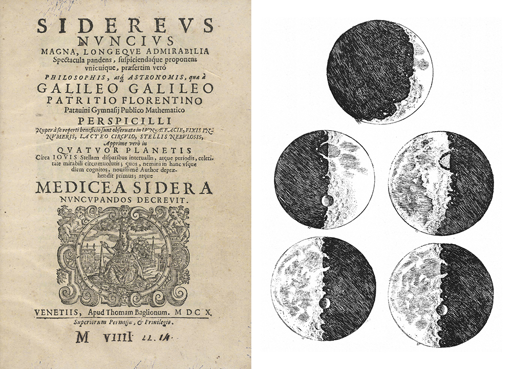 התגלית המשמעותית הראשונה שגלילאו הגיע אליה הודות לשימוש בטלסקופ הייתה תיאור פני השטח של הירח. עמוד השער של חיבורו האסטרונומי הראשון של גליליאו, ולצדו השרטוטים של פני הירח | ויקימדיה, Grook Da Oger, Rob at Houghton