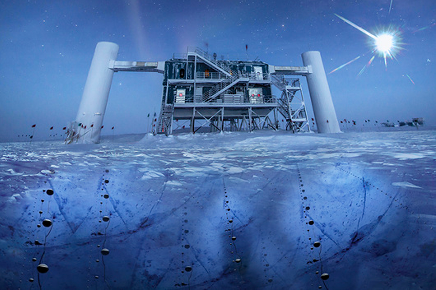 גלאי הניטרינו IceCube שוכן בקוטב הדרומי וחצוב עמוק בקרח העד של אנטרטיקה. אילוסטרציה של הטלסקופ | IceCube / National Science Foundation / Science Photo Library