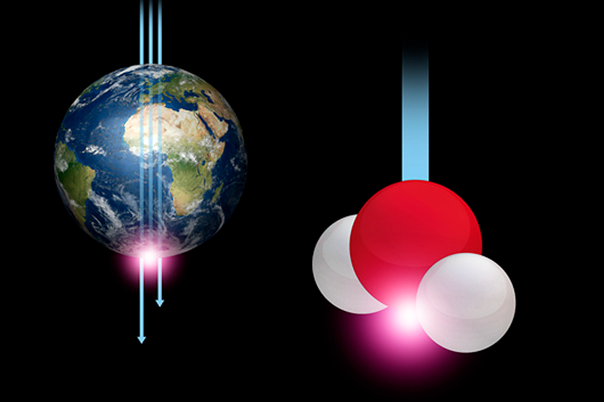 הסיכוי שהניטרינו יבצע אינטראקציה עם חומר הוא כל כך נמוך, עד שהואניטרינו יכול לעבור דרך כל כדור הארץ בלי להתנגש באף חלקיק אחר. אילוסטרציה של שלושה ניטרינים עוברים דרך כדור הארץ. אחד מהם מתנגשת במולקולת מים בקצה השני של כוכב הלכת | Mikkel Juul Jensen / Science Photo Library