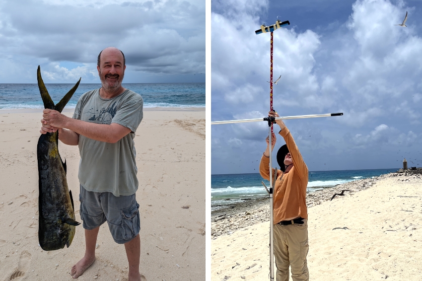 הדייג הראשי היה קברניט הספינה שהובילה אותם לשם. אולנובסקי עם דג גדול, ומבצע מדידות על החוף | נחום אולנובסקי, שקד פלגי