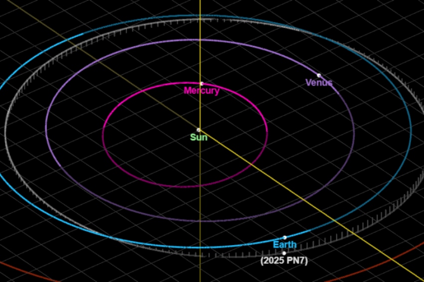 הבדלים קלים באליפטיות ובמרחק מהשמש יצרו אשליה שהקוואזי-ירח חג סביבנו, למרות שהוא במסלול מקביל. הדמיית מסלולו של PN7 2025 | מקור: NASA