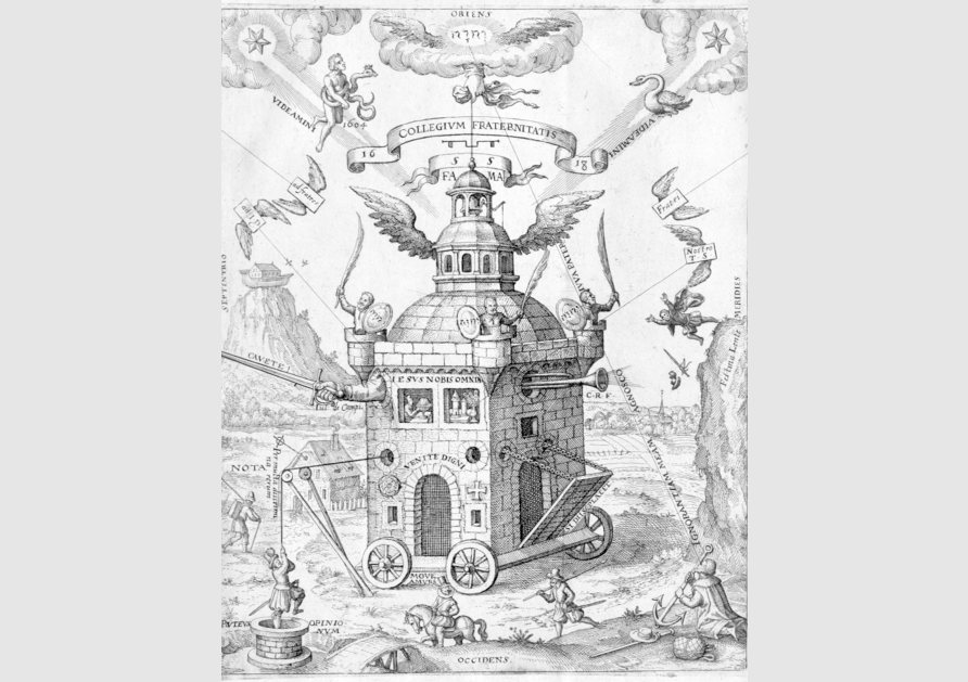 ייצוג מראשית המאה ה-17 של מכללת מסדר צלב הוורד – אחת המכללות הסמויות מעין שקדמו להתפתחות האגודות המדעיות הראשונות | ציור: Templeofrosycross_highres, נחלת הכלל; מוויקיפדיה
