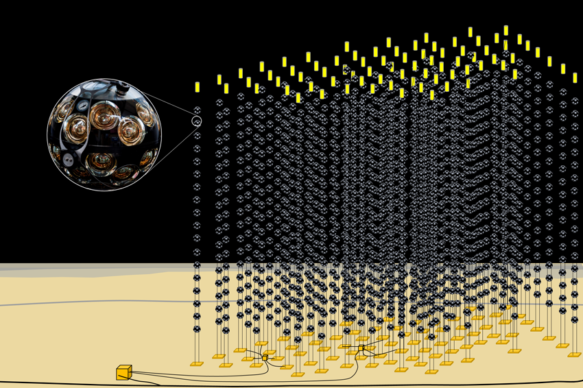 כל יחידה נראית כמו שרשרת פנינים, קצה אחד שלה מעוגן בקרקעית הים ושאר השרשרת צפה כלפי מעלה במאונך. אילוסטרציה של הטלסקופ על קרקעית הים |  Courtesy KM3NeT