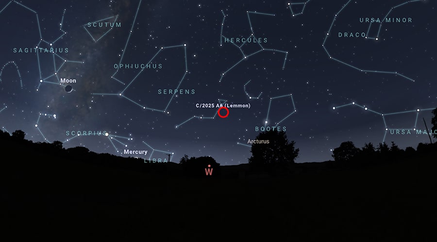 להסתכל מערבה מעט אחרי השקיעה. המיקום הצפוי של השביט למון (בעיגול) בשמי ישראל ביום ראשון, 26 באוקטובר בשעה 18:00 | הוכן באמצעות אפליקציית Stellarium