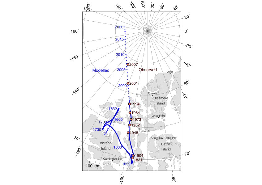 לפני כשני עשורים הבחינו חוקרים שהצפון המגנטי של כדור הארץ נודד בקצב מהיר יחסית, ממקומו באזור קנדה לעבר סיביר. המיקום של הקוטב הצפוני המגנטי לאורך השנים | ויקימדיה, Cavit