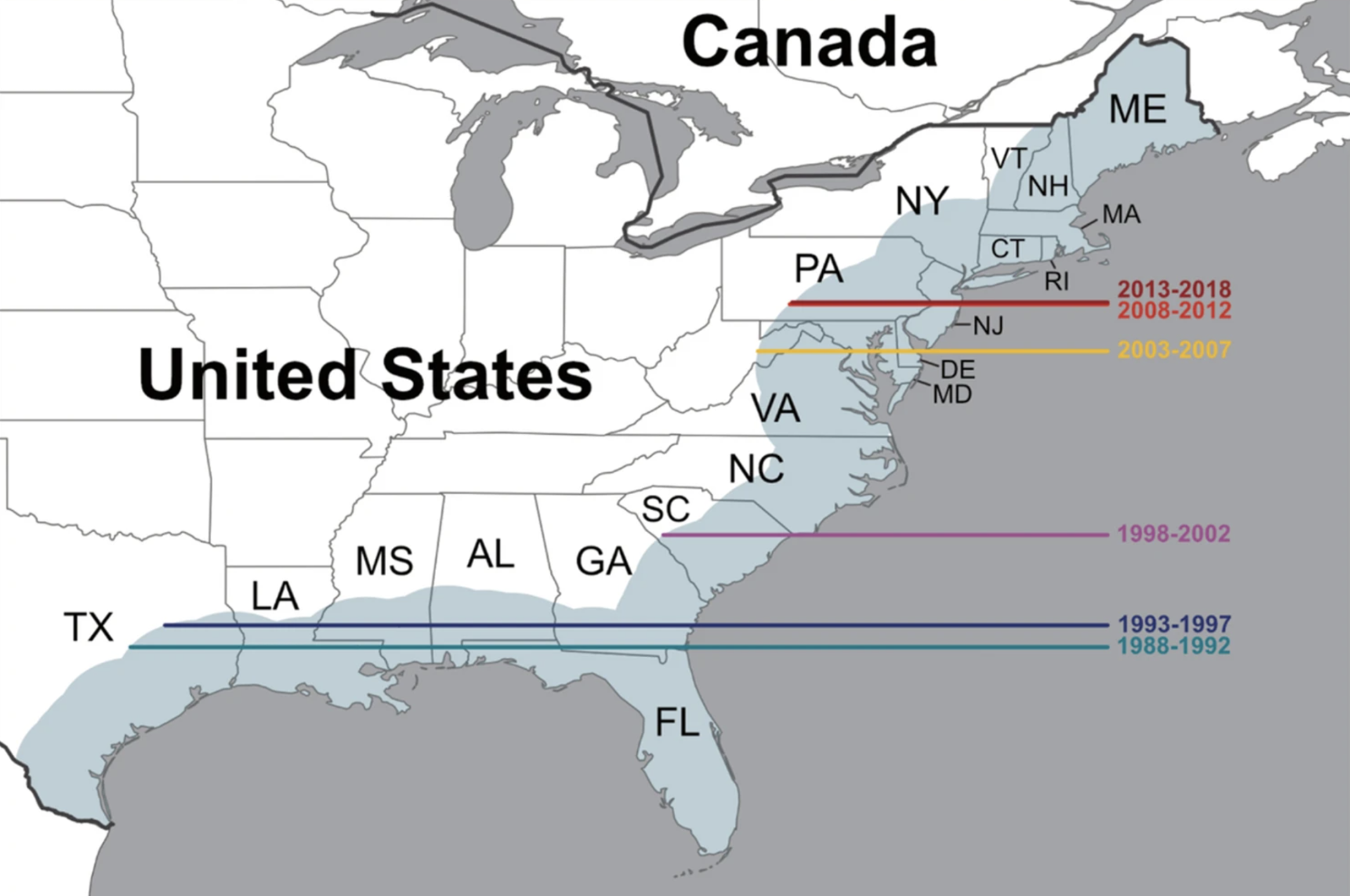 החיידק נע צפונה. התרחבות התפוצה של זיהומי ויבריו וולניפיקוס שאינם מועברים במזון בארצות הברית, בין השנים 1988 ל־2018 | מתוך Archer et al., 2023