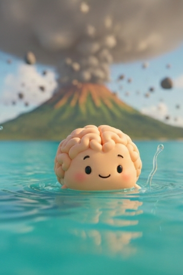 מוח שוחה על רקע הר געש. איור: ליאת פלי באמצעות Gemini