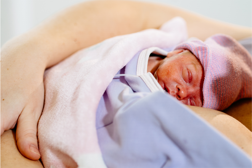 מגע עור בעור עם דמות מטפלת מרגיע ומוריד את רמת הסטרס שחווה הפג בתגובה לכאב. אם מחבקת פג | Shutterstock, Iryna Inshyna