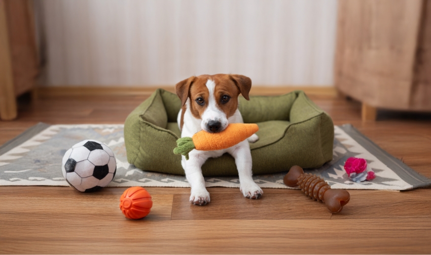 אהבה לצעצועים ולמשחק יכולה להיות חיובית, ולהגביר את המוטיבציה אצל כלבי עבודה. אך אובססיה קיצונית עלולה להזיק. כלב ג'ק ראסל טרייר עם צעצוע בצורת גזר בפיו | annokhotska, Shutterstock