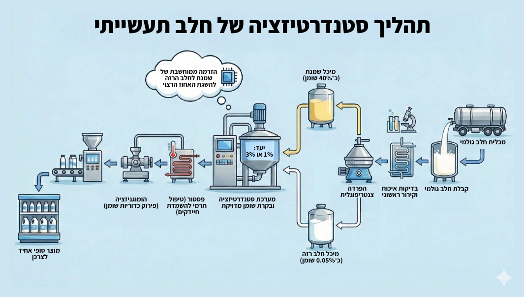 חלב הפרה עובר במחלבה תהליכים לקבלת מוצר בטוח לצריכה, ובעל אותו טעם ואותו מרקם. תהליך ייצור החלב | איור: שגב נוה טסה, באמצעות Gemini