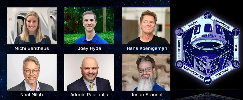 צוות של חובבי חלל, הכולל את הנוסעת הראשונה המשותקת בפלג הגוף התחתון. תיירי החלל של טיסת NS37 ותג המשימה | מקור: Blue Origin