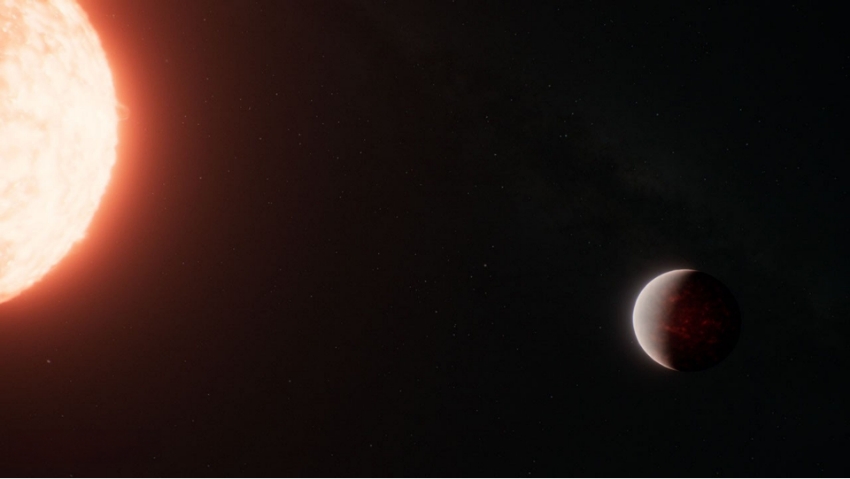 כוכב הלכת TOI-561b מול השמש שלו. הדמיה בעיני אמן | איור: NASA, ESA, CSA, Ralf Crawford (STScI)
