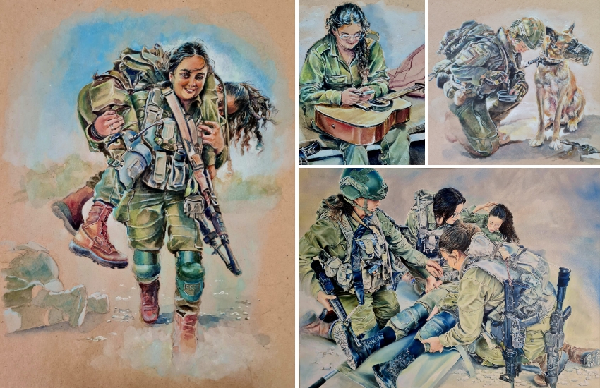 משמאל ועם כיוון השעון: "אחותי", לוחמת נושאת את חברתה בסחיבת פצוע; "לומדת לנגן", אותה לוחמת ברגע של שלווה עם הטלפון והגיטרה; "מים לחבר", לוחמת ביחידת עוקץ והשותף שלה; "אל תדאגי", לוחמות מטפלות בפצועה על אלונקה | התמונות באדיבות שירלי סיגל