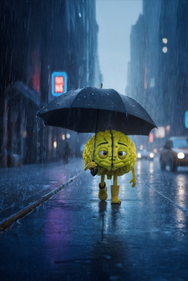 מוח מטייל בגשם עם מטרייה. איור: ליאת פלי באמצעות Gemini