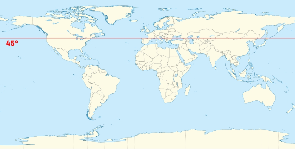 באזורים הצפוניים שמעל קו הרוחב 45 הטווח העונתי משתנה מהר במיוחד. קו רוחב 45 מצפון לקו המשווה | מקור: TUBS, Wikimedia