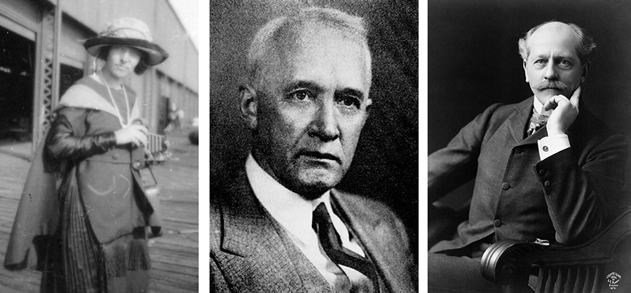 חלמו לגלות כוכב לכת נוסף מעבר למסלולו של נפטון. פרסיבל לוֹול, מייסד מצפה הכוכבים בפלגסטאף, אריזונה (מימין); יורשו בניהול המצפה וסטו סלייפר; והאסטרונומית אליזבת ויליאמס שחישבה את מיקומו המשוער של כוכב הלכת | צילומים: ויקיפדיה, נחלת הכלל, Science Photo Library