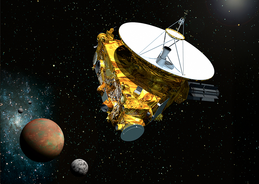 החללית הראשונה (ובינתיים גם האחרונה) שצילמה את פלוטו מקרוב, 85 שנים לאחר גילוי. הדמיה של החללית ניו הורייזונס על רקע פלוטו וירחיו | איור: NASA/Johns Hopkins University Applied Physics Laboratory/Southwest Research Institute