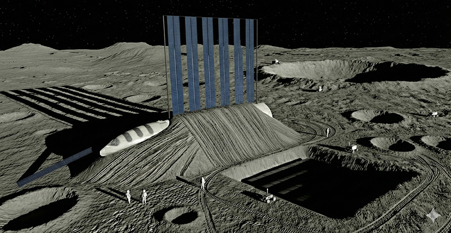 הכיסוי בעפר הירח יספק בידוד והגנה. הדמיה של מבנה מגורים על בסיס סטארשיפ שוכב ומכוסה ברגולית. איור: שי מונט, באמצעות Google Gemini