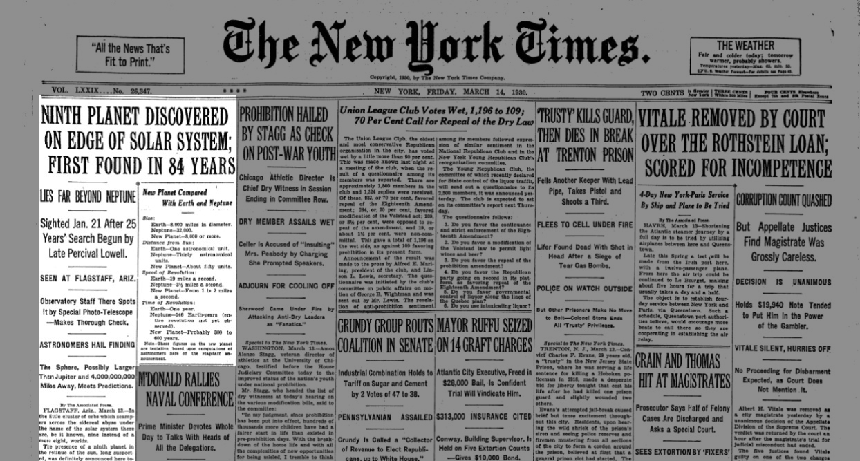 הגילוי עורר עניין רב בעולם כולו. כותרת העיתון "ניו יורק טיימס" מדווחת על גילוי ראשון של כוכב לכת אחרי 84 שנים (מאז גילוי נפטון) | מקור: The New York Times