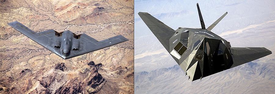 בתחילת הדרך נמנעו מצורות עגולות במטוסים חמקנים, אבל התקדמויות טכנולוגיות איפשרו לפתח מטוסים כאלה, גם חמקניים וגם אווירודינמיים מאוד. מטוס F-117 מראשית ימי החמקנות (מימין) לעומת המפציץ החדשני B2 | צילומים: USAF, public domain