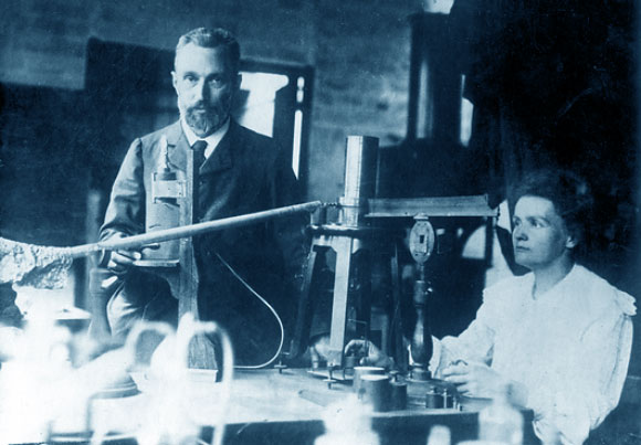 Three Nobel Prizes in one photo. Marie and Pierre Curie in their laboratory, 1905
