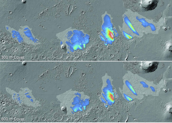 שפע של מים קפואים, אבל קשים להשגה. הדמיה של מרבצי הקרח בתצורת בתרונות מדוזה, בעומק 300 מטר (למעלה) ו-600 מטר | מקור: Planetary Science Institute/Smithsonian Institution