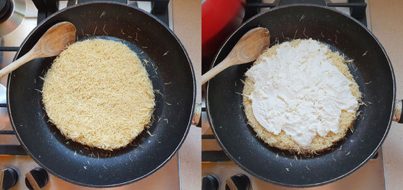 מזהיבים את האטריות בחמאה על אש קטנה, ומוסיפים את הגבינה | צילום: דפנה מנדלר