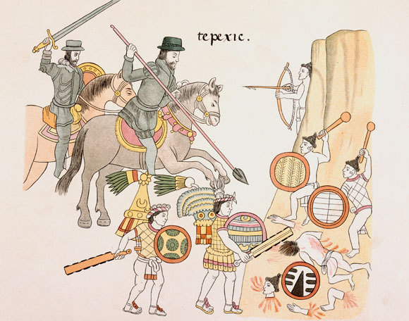 ציור המתאר את הספרדים ובעלי בריתם נלחמים באצטקים | מתוך Lienzo de Tlaxcala, קרדיט: British Library, SPL