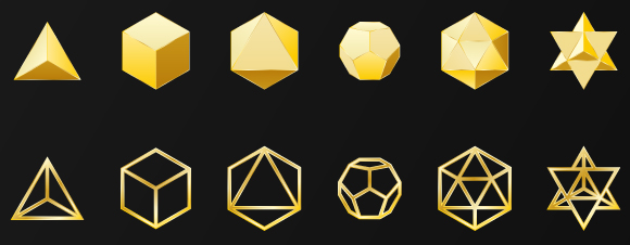 משמאל לימין: הארבעון, הקובייה, התמניון, התריסרון, העשרימון והפאון המכוכב הם פאונים משוכללים. בשונה מכל האחרים, הפאון המכוכב אינו קמור | Lostefx, Shutterstock