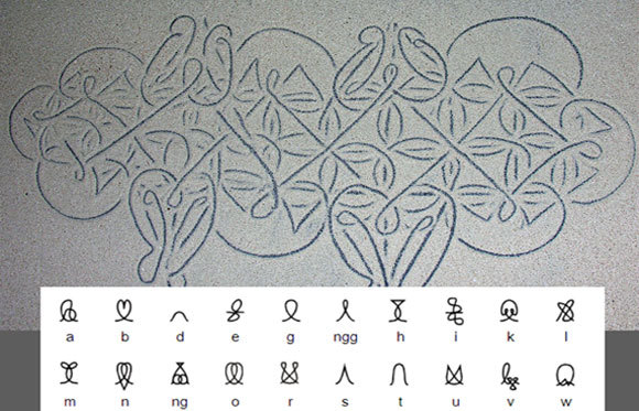 למעלה: ציור חול מסורתי; למטה: האלפבית האוויולי | ויקיפדיה, PhillipC, סיימון אגר/Omniglot.com