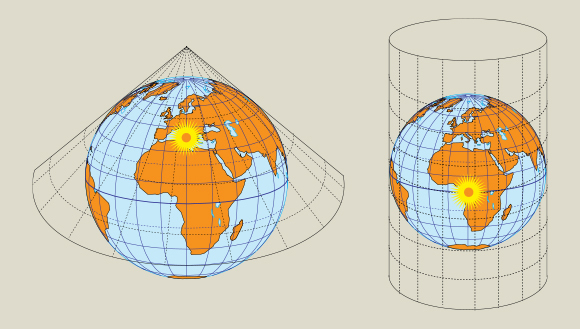 ​משמאל: ההיטל של תלמי, אל חרוט המשיק לקו רוחב צפוני יחסית, כפי שנראה בעיגול הצהוב. מימין: ההיטל של מרינוס אל גליל המשיק לקו המשווה | Shutterstock, Emir Kaan 
