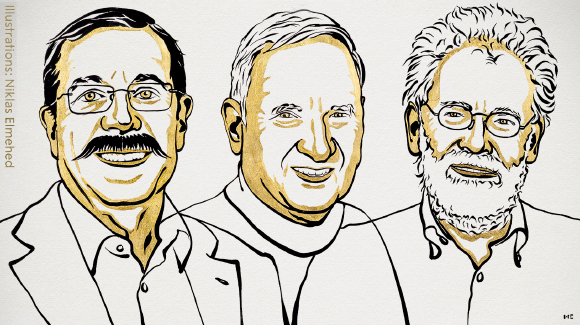 מימין לשמאל: אספה, קלאוזר וציילינגר | איור: Niklas Elmehed © Nobel Prize Outreach